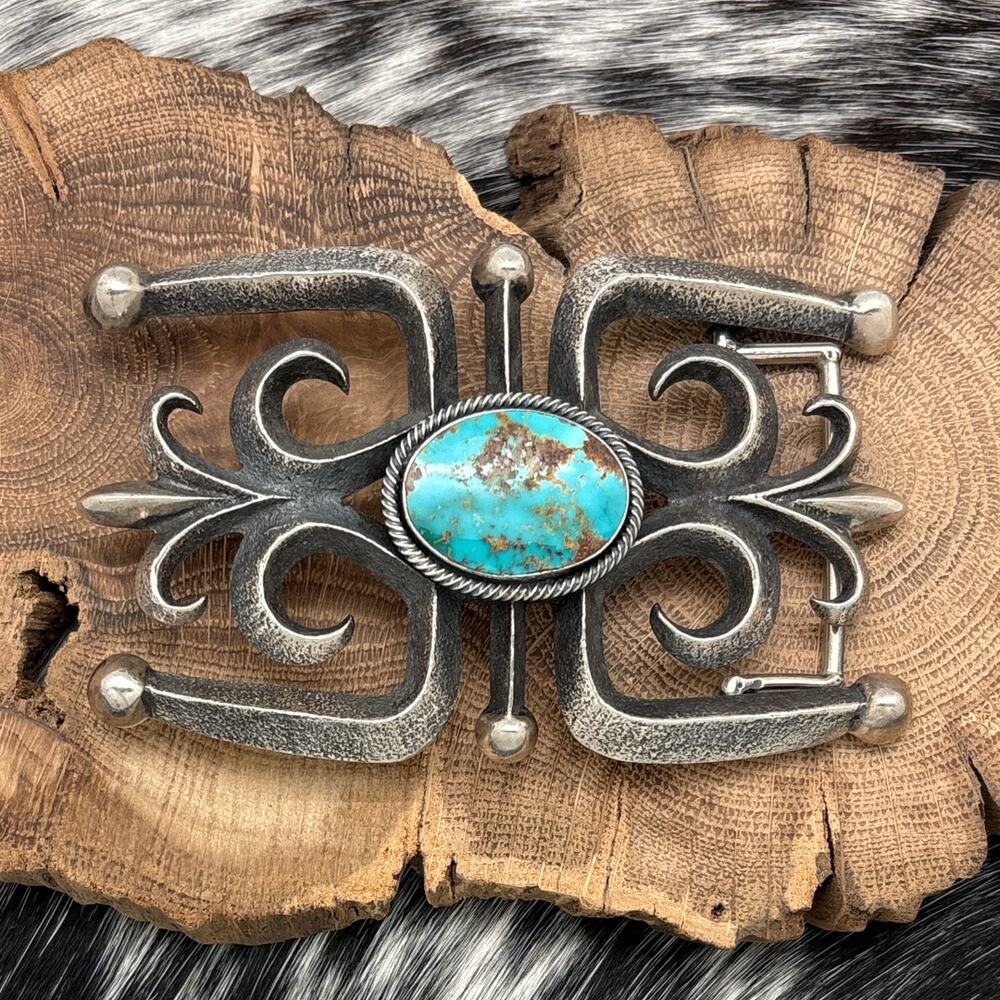 1980s Native American NAVAJO Sandcast Silver & Turquoise Belt Buckle Openwork